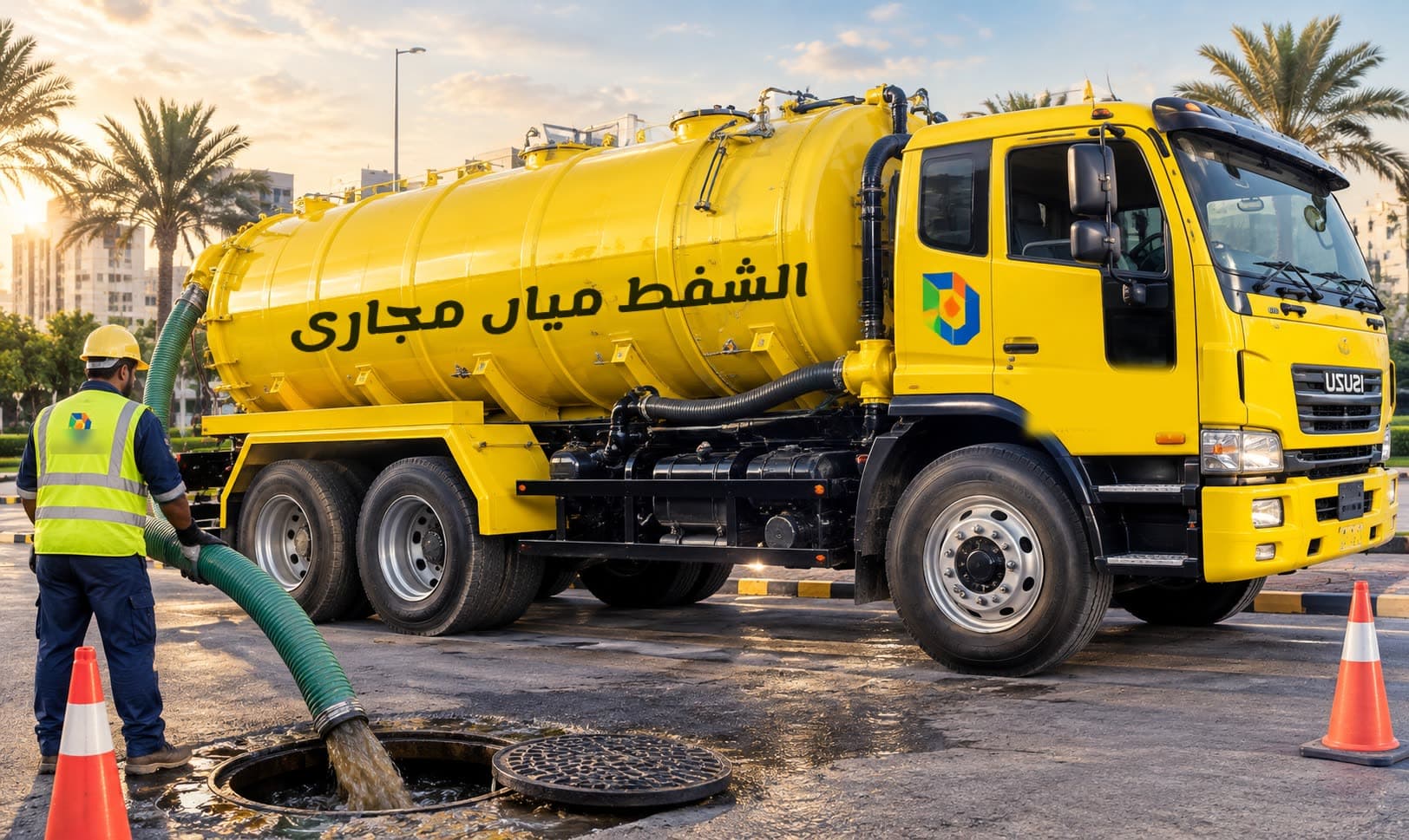 صهريج شفط المجاري الأصفر التابع لـ الشفط میاں مجاری أثناء شفط غرفة تفتيش في مسقط، سلطنة عُمان