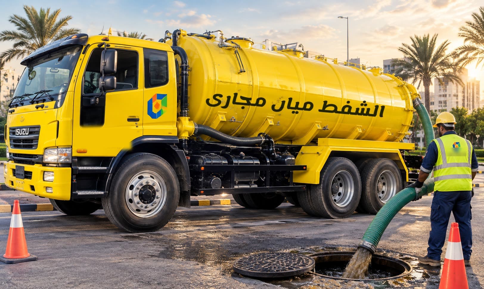 Yellow sewage suction tanker of Sewerage Water Tank emptying a manhole in Muscat, Oman